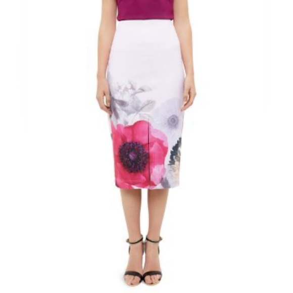 Ted Baker Geemey Neon Poppy Pencil Skirt Nude Pink Floral Print Women’s 8 Midi - Picture 1 of 10